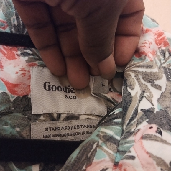 GoodFellow & Co. Mens Floral Green Plants Pink Flamingos Button Up Tropical LG - Picture 5 of 7